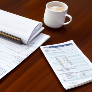 An AI image generated by DreamStudio with the prompt "A dream of invoices and paperwork". Featuring a coffee cup and some forms on a wooden table top.