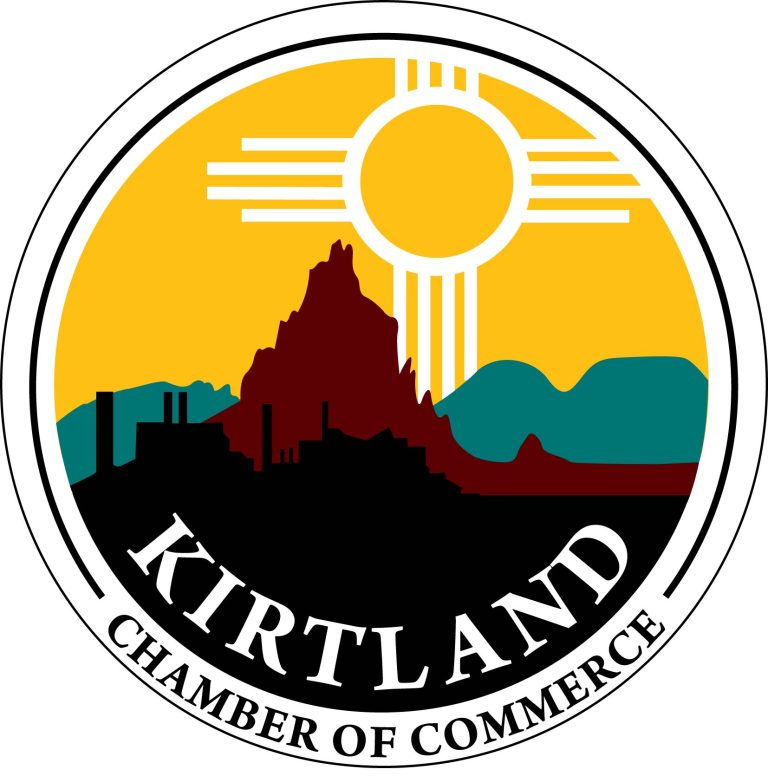 The Kirtland Chamber of Commerce logo featuring the Zia symbol, Shiprock and power plants in the background. 