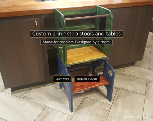 Screenshot of the Custom By Kyla homepage - featuring a brightly colored step stool for a child.