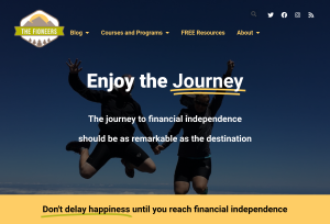The top of the Fioneers home page after their website redesign -featuring two people jumping for joy and the text 'Enjoy the Journey'.