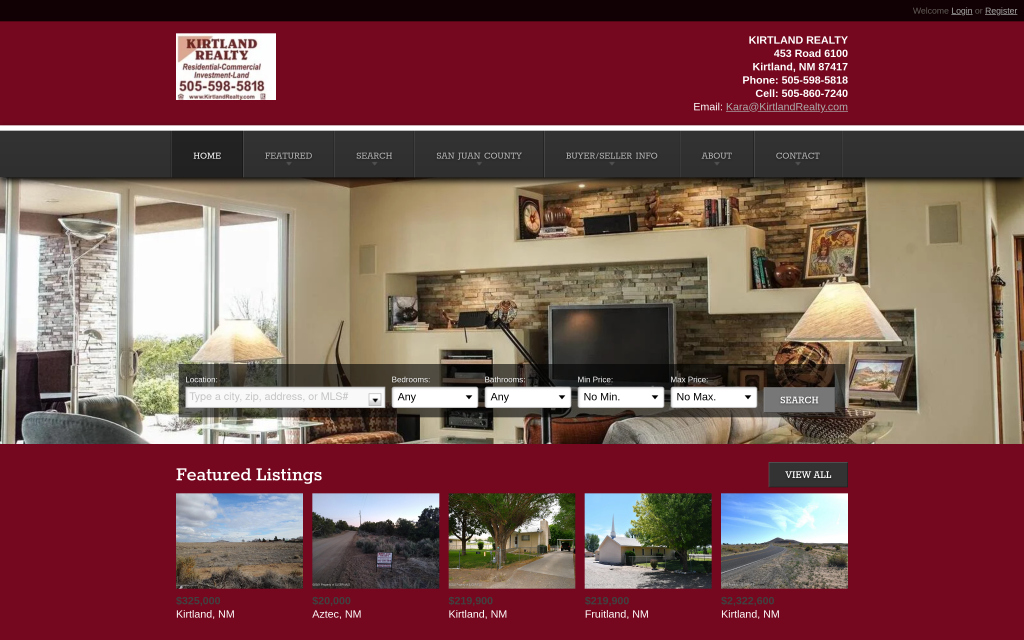 Screenshot of Kirtland Realty's homepage after work was done one it. 
